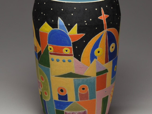 "Night City". Vase (side a). Porcelain, glaze. 7.25 x 5 x 5 inches.