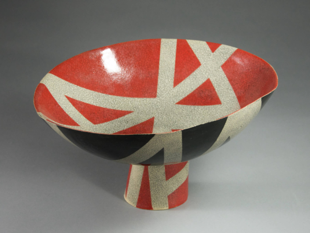 Red, White, and Black Footed Bowl. Hand Built Ceramic. 13" x 11" x 7.5"