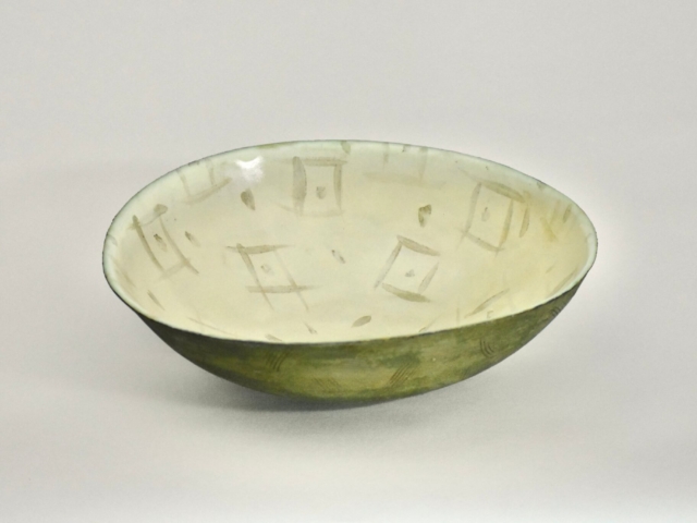 House Bowl with Green Exterior. Ceramic, hand built.