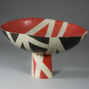 Red, White, and Black Footed Bowl. Hand Built Ceramic. 13" x 11" x 7.5"