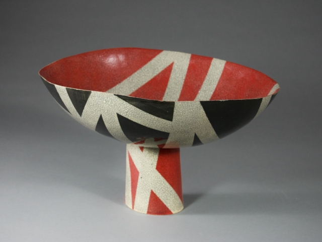 Red, White, and Black Footed Bowl. Ceramic. 13" x 11" x 7.5"