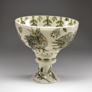 "Calling Birds", Large Vessel. Porcelain, underglaze linoleum-cut print, underglaze, glaze.