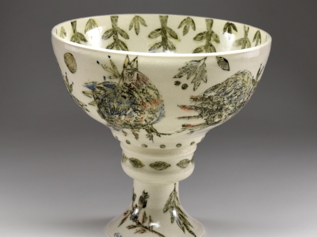"Calling Birds", Large Vessel. Porcelain, underglaze linoleum-cut print, underglaze, glaze.