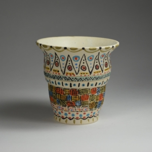 Small Carnival Vase, porcelain, glaze. Wheel thrown. 4.75 x 4.75 x 4.75 Inches, Sold