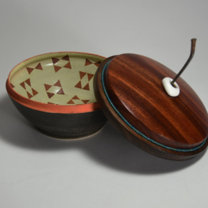 Cherry Bowl (lid off), Porcelain, wood, iron, sea shell, glass beads. Wheel Thrown. 7" x 7" x 5.5"