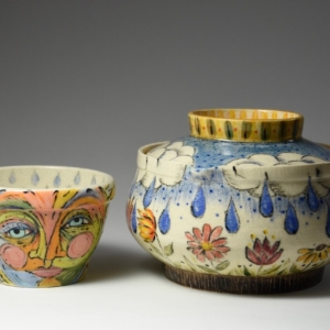 "Sunshine on a Rainy Day" Teapot, Lid, and Cup. Wheel thrown. &copy;Julia Mulligan