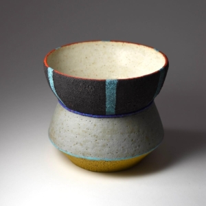 Earth, Wind, Sky vase. 5 x 6 x 6 inches. Wheel Thrown. Ceramic, glaze, oil, glass beads.