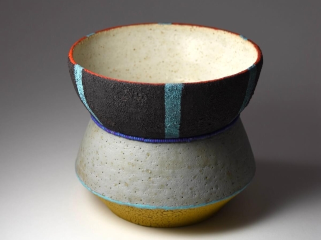 Earth, Wind, Sky vase. 5 x 6 x 6 inches. Wheel Thrown. Ceramic, glaze, oil, glass beads.