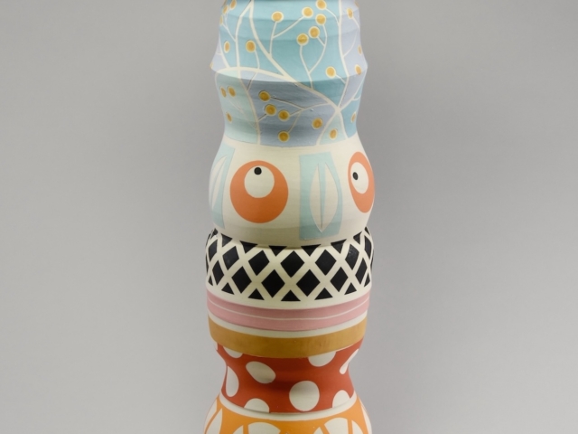 Large Geo Vase. 6 x 6 x 22.5 inches, porcelain, underglaze, glaze