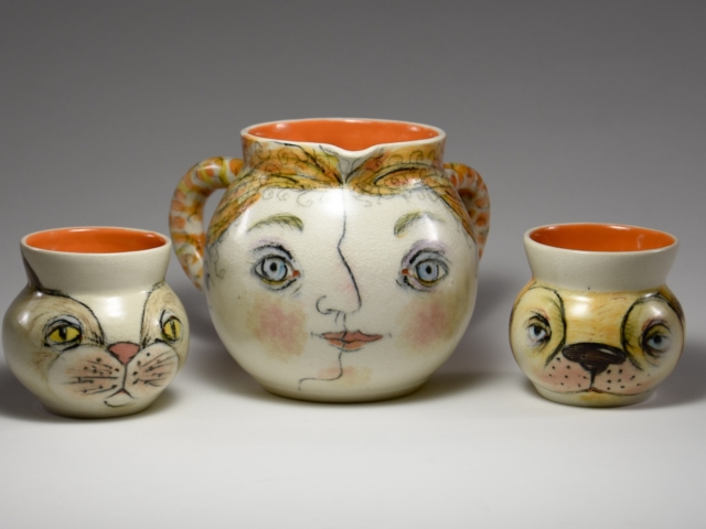 Pigtails and Pets (Vase and Cups).  Porcelain, Underglaze, Glaze. Sold