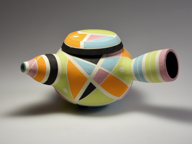 Geo Teapot. 9 x 6 x 6 inches.  Porcelain, Glaze, Underglaze.