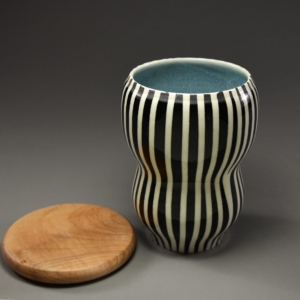 "Stripes" Container. Porcelain, Wood Lid. 5.5 x 7 inches. &copy;Julia Mulligan