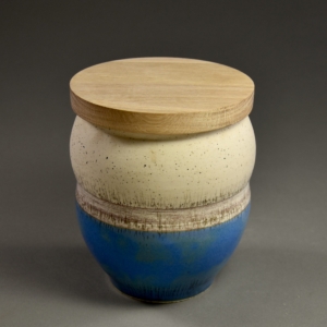 "Blue, White" Container. Porcelain, Glaze, Wood Lid. 5 x 6 inches. &copy;Julia Mulligan