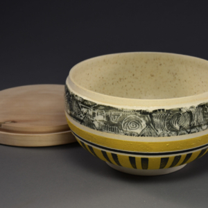 "Mesa" Container. Porcelain, Glaze, Wood Lid. 8 x 4.5 inches. &copy;Julia Mulligan