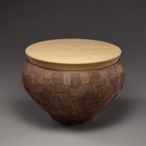 "Crosshatch" Vessel. Ceramic, Glaze, Wood Lid. 8 x 5.5 inches &copy;Julia Mulligan