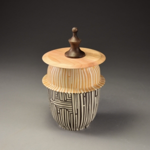 "Pawns" Vessel. Porcelain, Underglaze, Glaze.  4 x 4 x 7.5 inches. &copy;Julia Mulligan