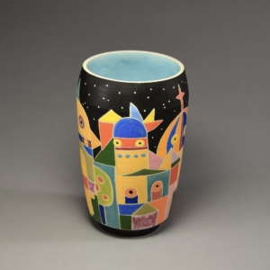 "Night City". Vase (side a). Porcelain, glaze. 7.25 x 5 x 5 inches.