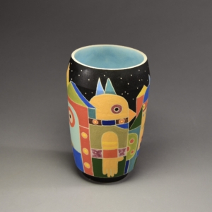 "Night City". Vase (side a). Porcelain, glaze. 7.25 x 5 x 5 inches.