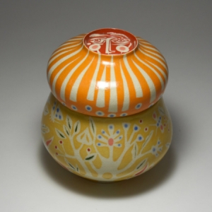 Garden Sunshine Lidded Vessel. Porcelain, glaze. Wheel thrown. 6.5 x 6.5 x 7 inches