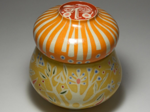 Garden Sunshine Lidded Vessel. Porcelain, glaze. 6.5 x 6.5 x 7 inches