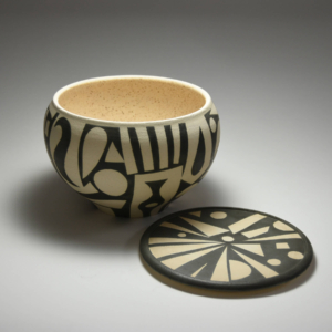 Graphic Vessel, ceramic, (lid off). 7.5 x 7.5 x 5 inches