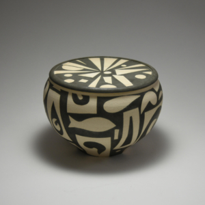Graphic Vessel, ceramic. Wheel thrown. 7.5 x 7.5 x 5 inches