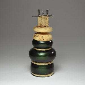 Green Man. Porcelain, wood, iron, raffia. Wheel Thrown. 3" x 3" x 7.5" Sold