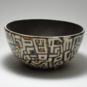 Heiroglyphic Bowl, porcelain. Wheel thrown. 7 x 7 x 3.5 inches
