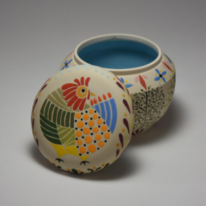 Hen in the Woods (lid off). Porcelain, glaze. 4 x 5 x 5 inches. Sold.