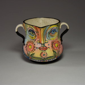 "Mmm Hmmm...Oh Yeah" pitcher. Porcelain, underglaze, glaze. 5.5 x 6 x 6 inches
