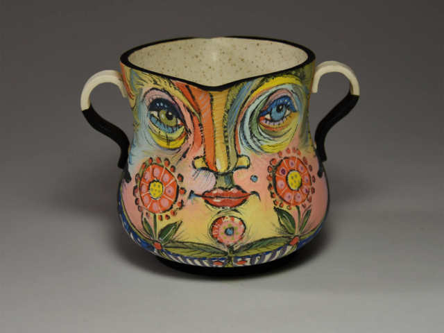 "Mmm Hmmm...Oh Yeah" pitcher. Porcelain, underglaze, glaze. 5.5 x 6 x 6 inches