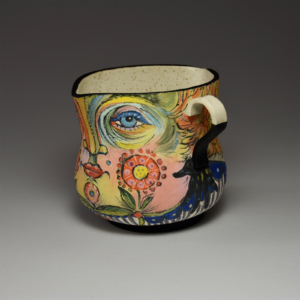 "Mmm Hmmm...Oh Yeah" pitcher. Porcelain, underglaze, glaze. 5.5 x 6 x 6 inches