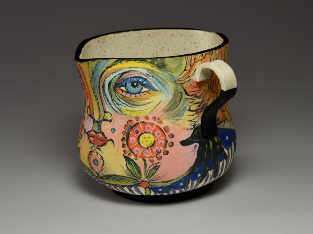 "Mmm Hmmm...Oh Yeah" pitcher. Porcelain, underglaze, glaze. 5.5 x 6 x 6 inches