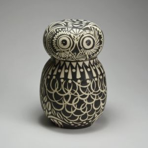 Owl Jar, porcelain, wheel thrown. 5 x 5 x 7.5 inches, Sold