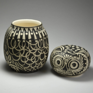 Owl Jar, lid off.  Porcelain, wheel thrown. 5 x 5 x 7.5 inches, Sold