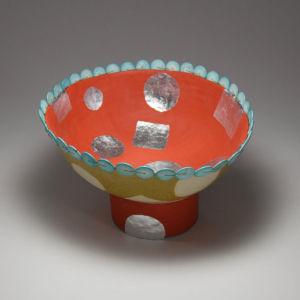 "Carnival Bowl". Hand Built Ceramic, Glaze, Metal Leaf, Turquoise Beads, Thread