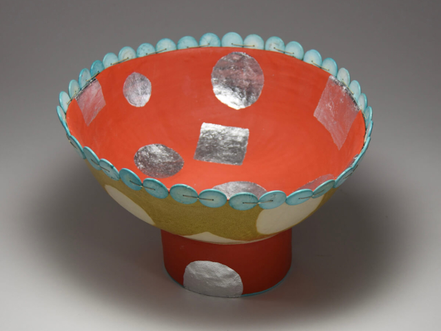 "Carnival Bowl". Hand Built Ceramic, Glaze, Metal Leaf, Turquoise Beads, Thread