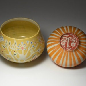 Garden Sunshine Lidded Vessel. Porcelain, glaze. Wheel thrown. 6.5 x 6.5 x 7 inches