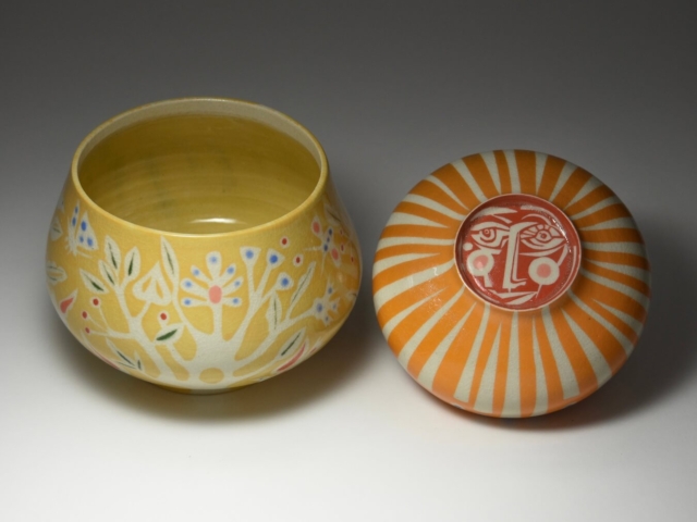 Garden Sunshine Lidded Vessel. Porcelain, glaze. 6.5 x 6.5 x 7 inches