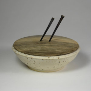 Tilt Bowl. Porcelain, wood, iron. Wheel Thrown. 5.5" x 5.5" x 4.5"